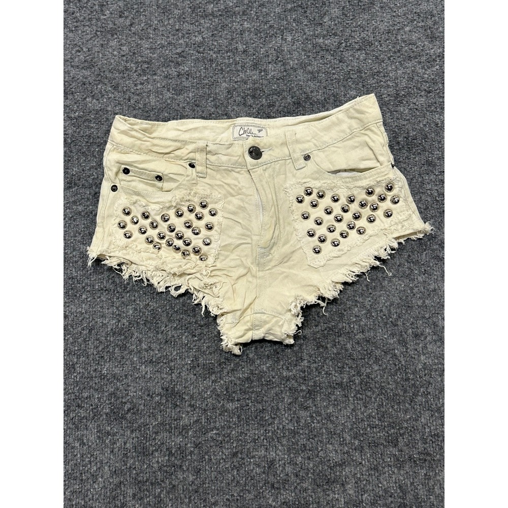 Chill Denim Architect Shorts Womens Size S Cream Studded Raw Hem Cotton Festival